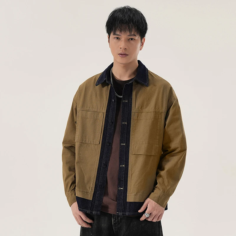 

Denim Splice Cargo Shirts Men Streetwear Fashion Loose Casual Oversize Long Sleeve Plus Size Shirt Style Jacket Cityboy Coat