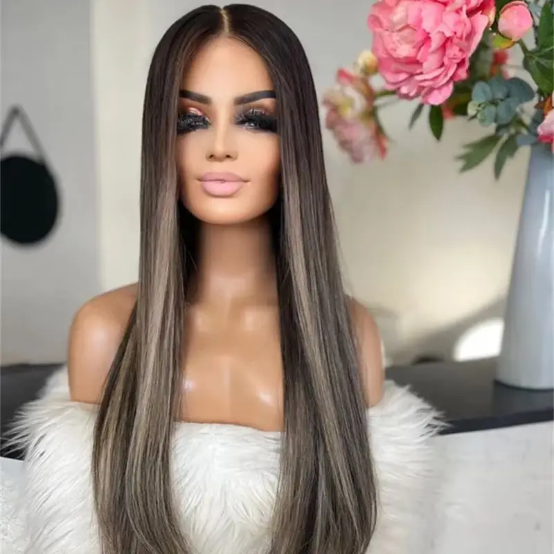 

Safe Dark Brown Highlights HD Transparent Lace Wig High Quality Synthetic Wig For Women Cosplay Party Daily Use Glueless Wigs