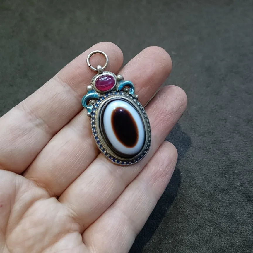 Bead Pendant - Old Patina Old Silver Inlaid Pierced Eye Design with Red Top Bead, Vintage Ethnic Jewelry Necklace Charm