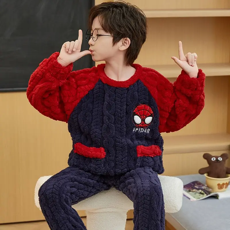 New Cartoon Children's Handsome Spider-Man Boy Thickened Pajamas Creative Anime Character Plus Velvet Warm Home Clothes Set Gift