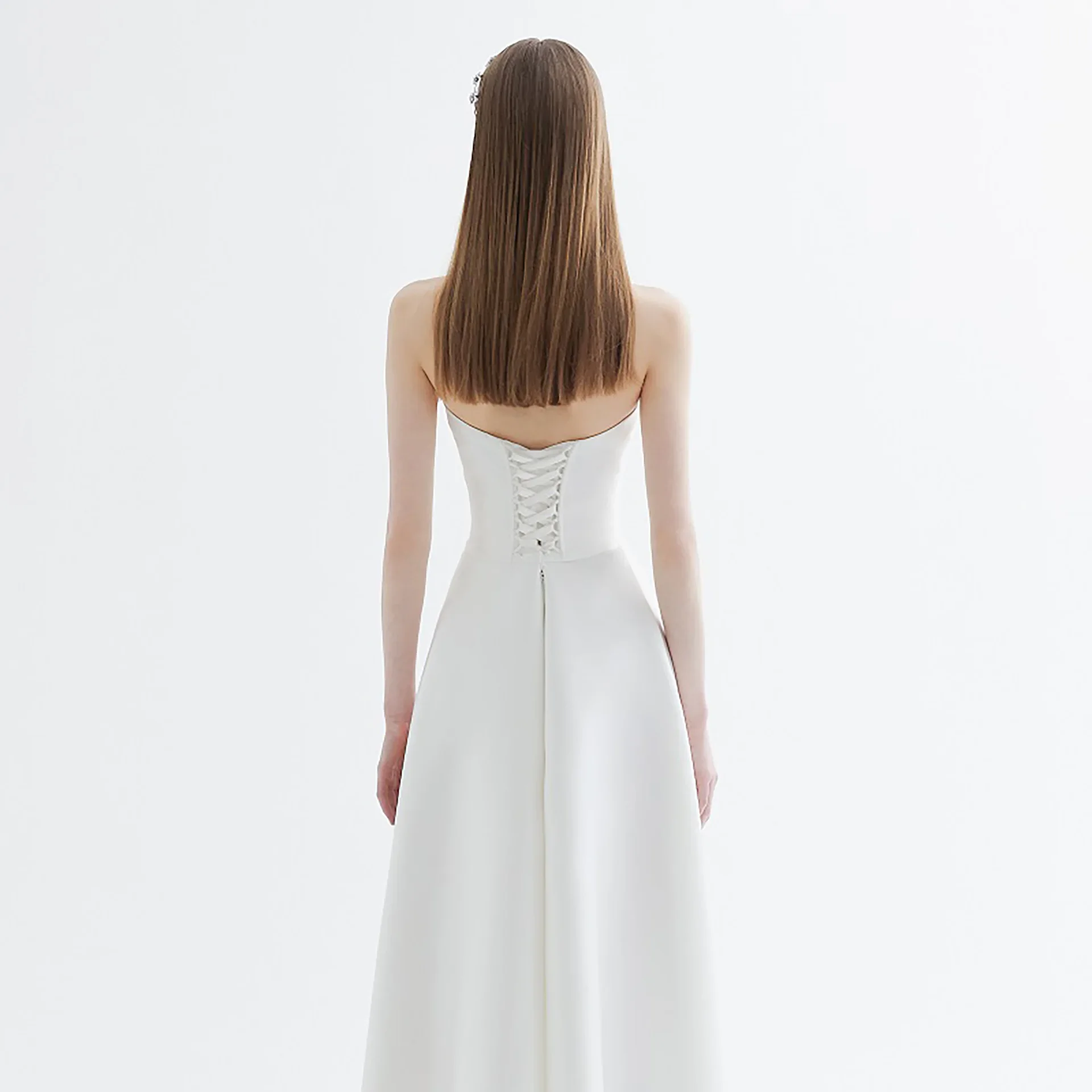 Witte strapless lichte trouwjurk Koreaanse satijnen eenvoudige jurk sexy backless banket avondjurken bruid fotoshoot jurk