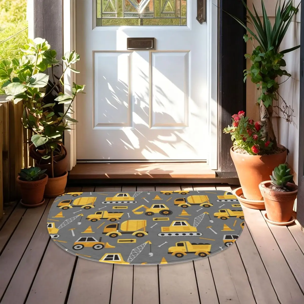 Construction Trucks On Gray Soft Flannel Half Round Doormat Non Slip Bathroom Mat Absorbent Floor Carpet for Home Bedroom
