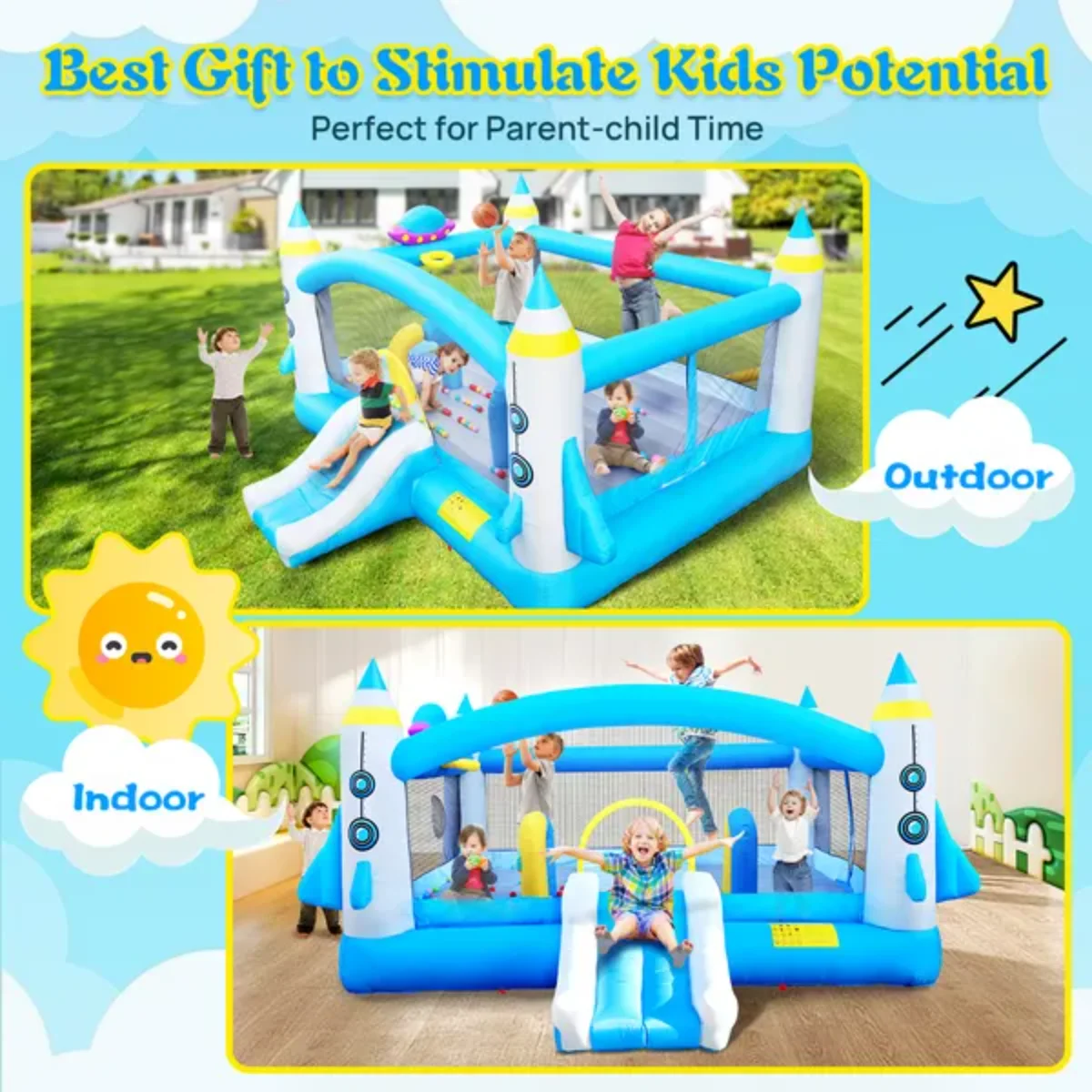 Multifunctional Kids Inflatable Trampoline with Blower | Complete Setup | Play Area: 198" x 180" x 96" Height