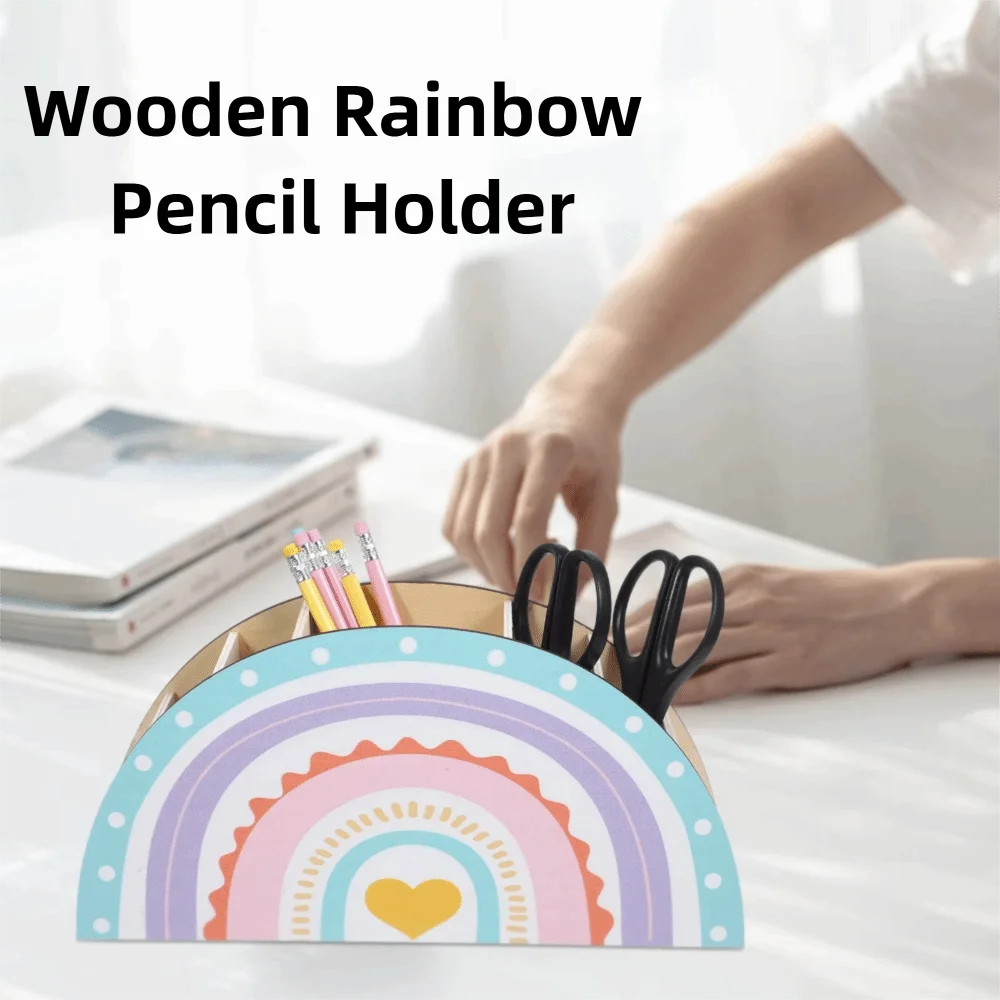 Creative 5 Slots Rainbow Pencil Holder Geometric Shape Wooden Desk Organizer Durable Pen Cup Makeup Brush Holder BEST TEACHER