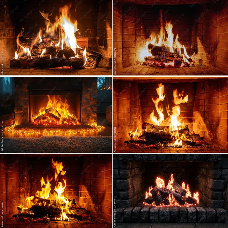 

Christmas Holiday Warm Home Photography Backdrops Fireplace Crackling Flames Party Wood Burning Photo Studio Background HY-02