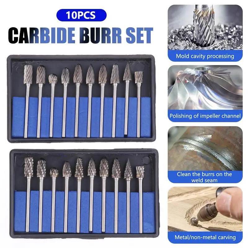 

Burr Rotary File Kit with Tungsten Carbide, Great for Woodworking & Engraving Grinding, 10 Pieces