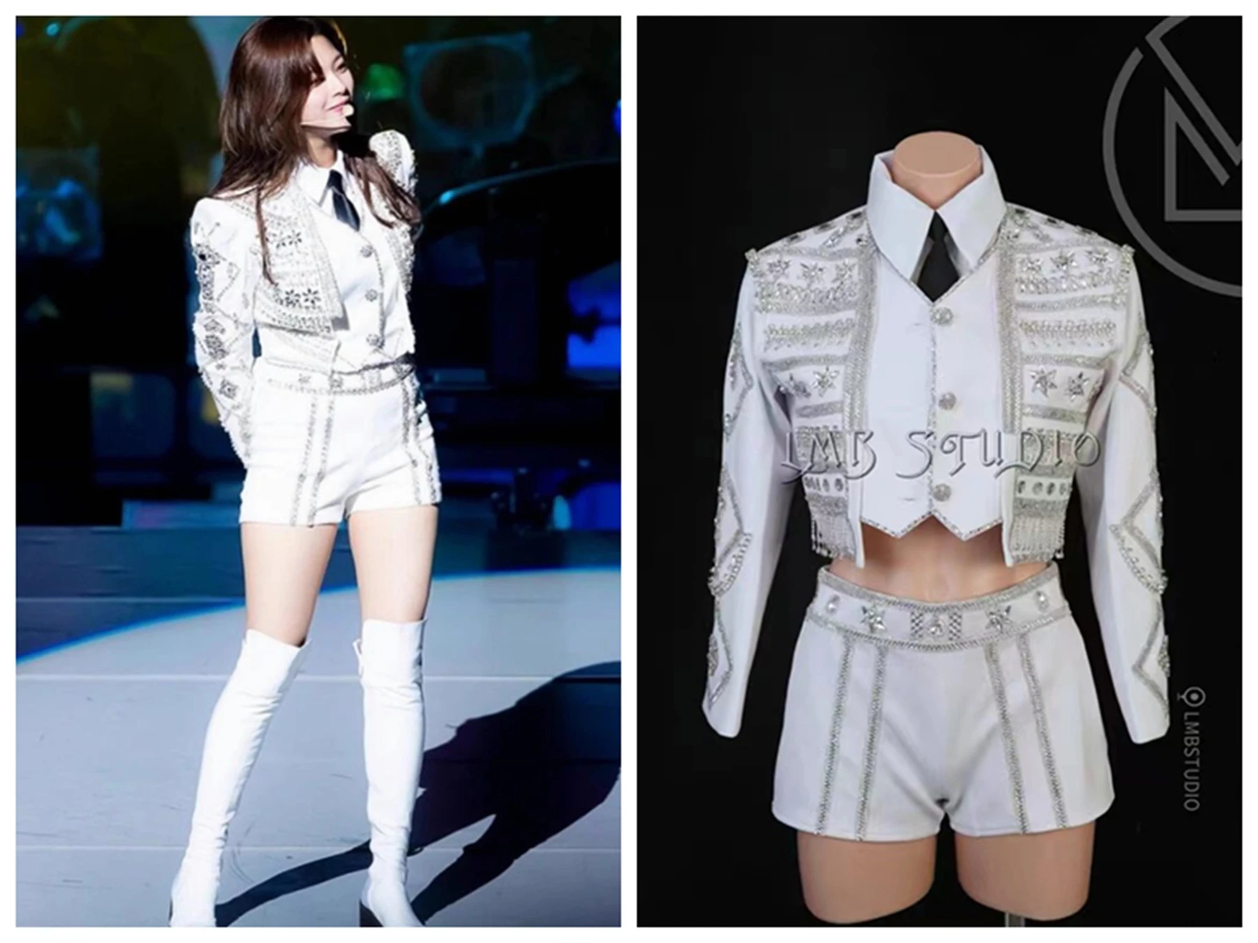 Korean Girl Group Luxury Sparkling Diamond White 4PCS Outfit Coat+Inner Layer+Tie+Short Hip Hop Singer Dance Stage Concert Wear