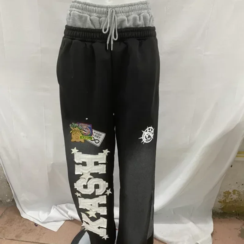 الخريف الاتجاه شارع العليا INS الرجال النساء فضفاضة عادية مستقيم الساق مزدوجة الخصر الأمريكية رسالة مطرزة الرباط السراويل #5