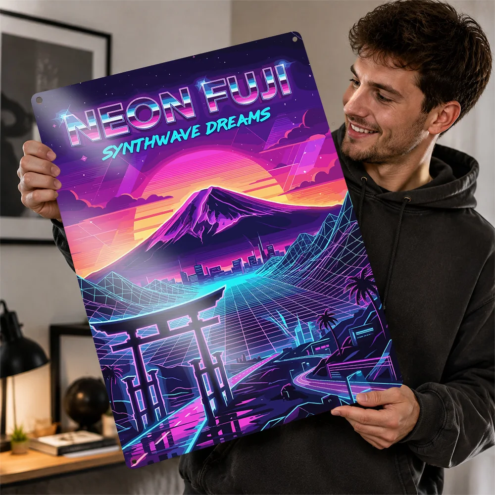 Neon Fuji Synthwave Dreams Aluminum Poster Personalized Metal Sign Wave Horizon Wall Art Suited To Bedrooms And Cyberpunk Fans