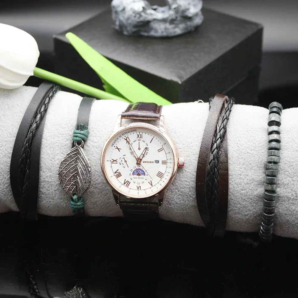 ساعة أنيقة بسيطة للرجال ، على شكل صندوق سوار ، هدية للعطلات ، فاخرة ، طقم 5 من الكوارتز