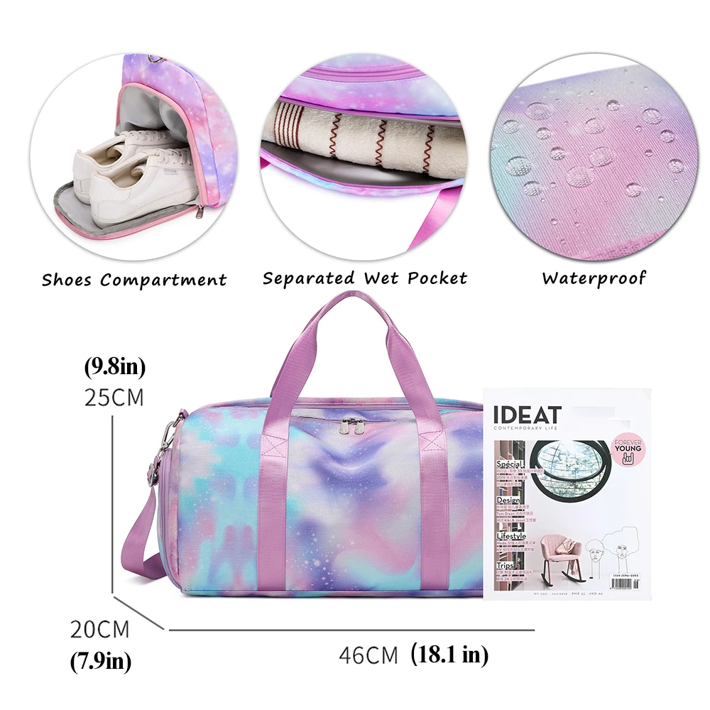 Saco de ginásio de esportes para meninas adolescentes crianças duffle saco viagem seco molhado separação único ombro slung yoga fitness dobrável