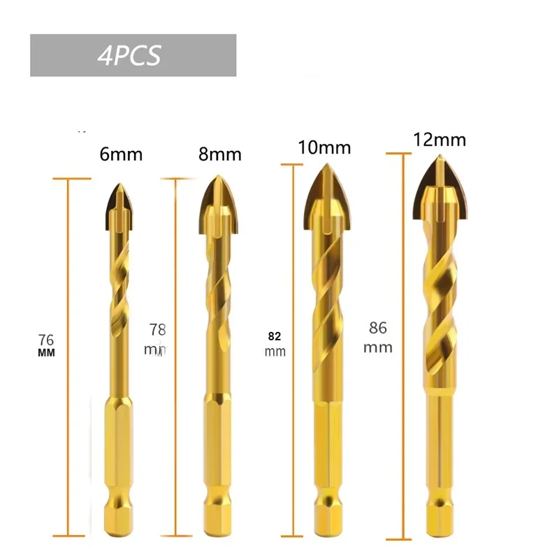 4pcs Cross Hexagon Tile Drill Bits Tile Drilling Drill Bit Metal Marble Special High Hardness Four-Edged Alloy Dry Drilling Bits