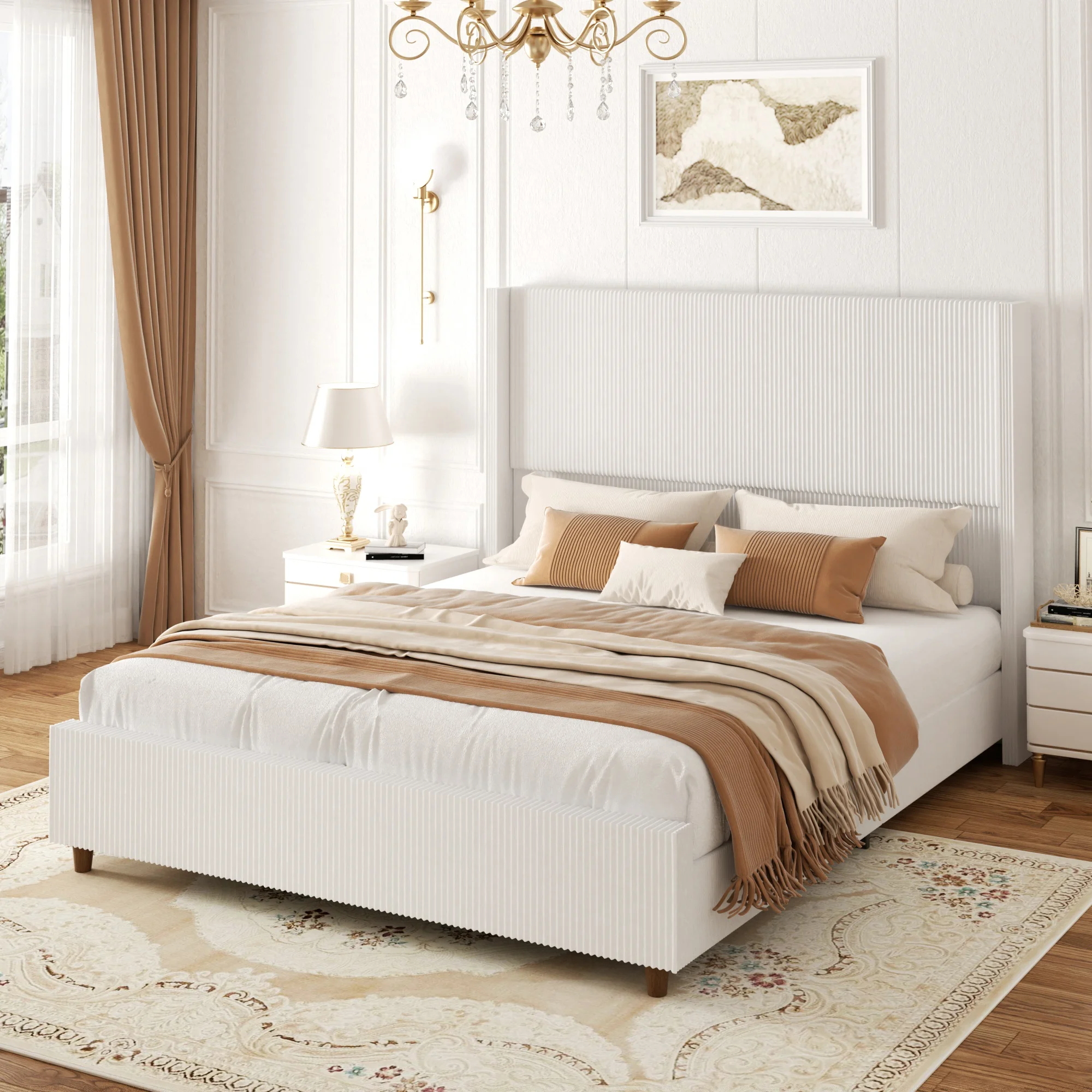62’’ Tall King Size Bed Frame with Corduroy Upholstered Platform Bed, Extra Wingback Headboard and Vertical Stripe, Box Spring Option, Solid Wood Slats, Noise Free, Cream