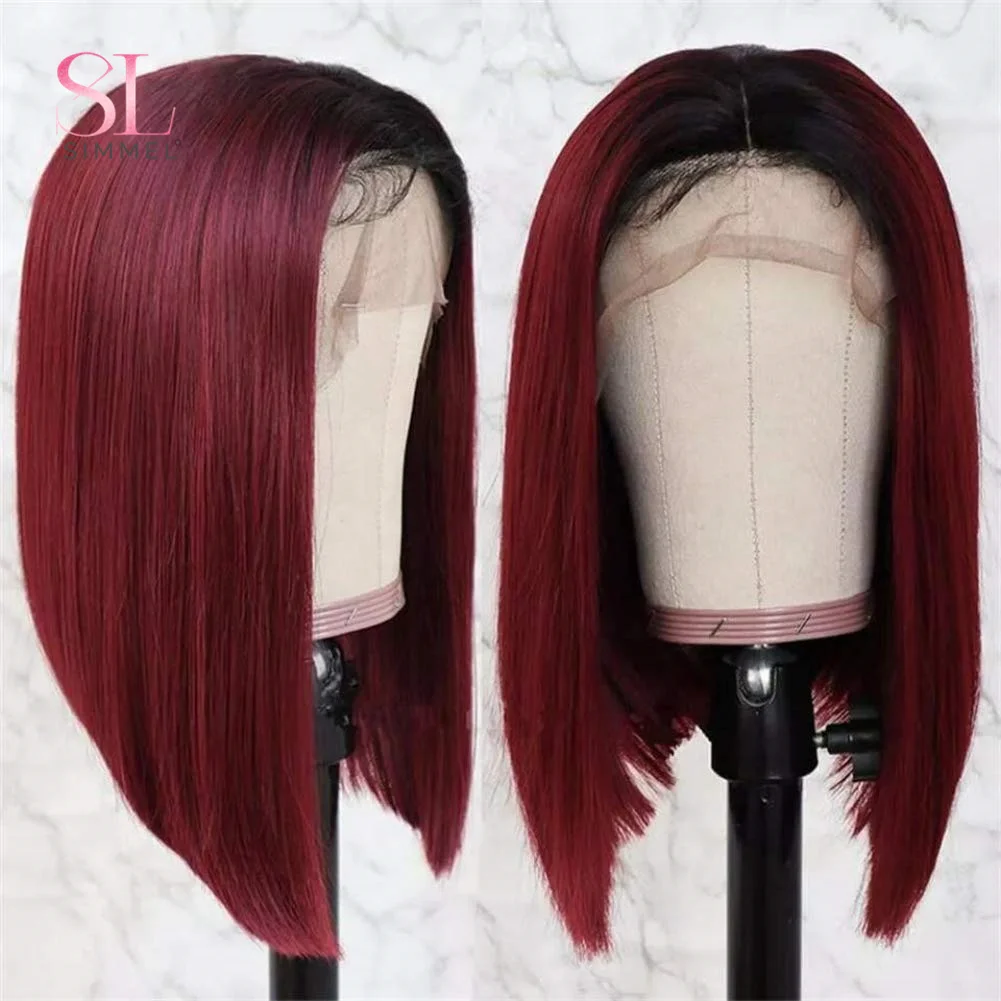 Peruca de Bob Direto Vermelho Borgonha para Mulheres, T Part Lace Front, Cabelo Humano Colorido, Cabelo Remy Brasileiro, Glueless, Peruca Natural, T1B, 99j