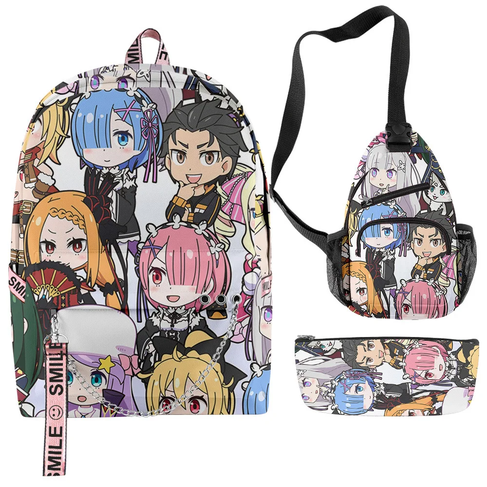 

Harajuku Cool Re:Life In A Different World From Zero RE0 Subaru Emilia Rem 3D 3pcs/Set School Bag Backpack Chest Bag Pencil Case