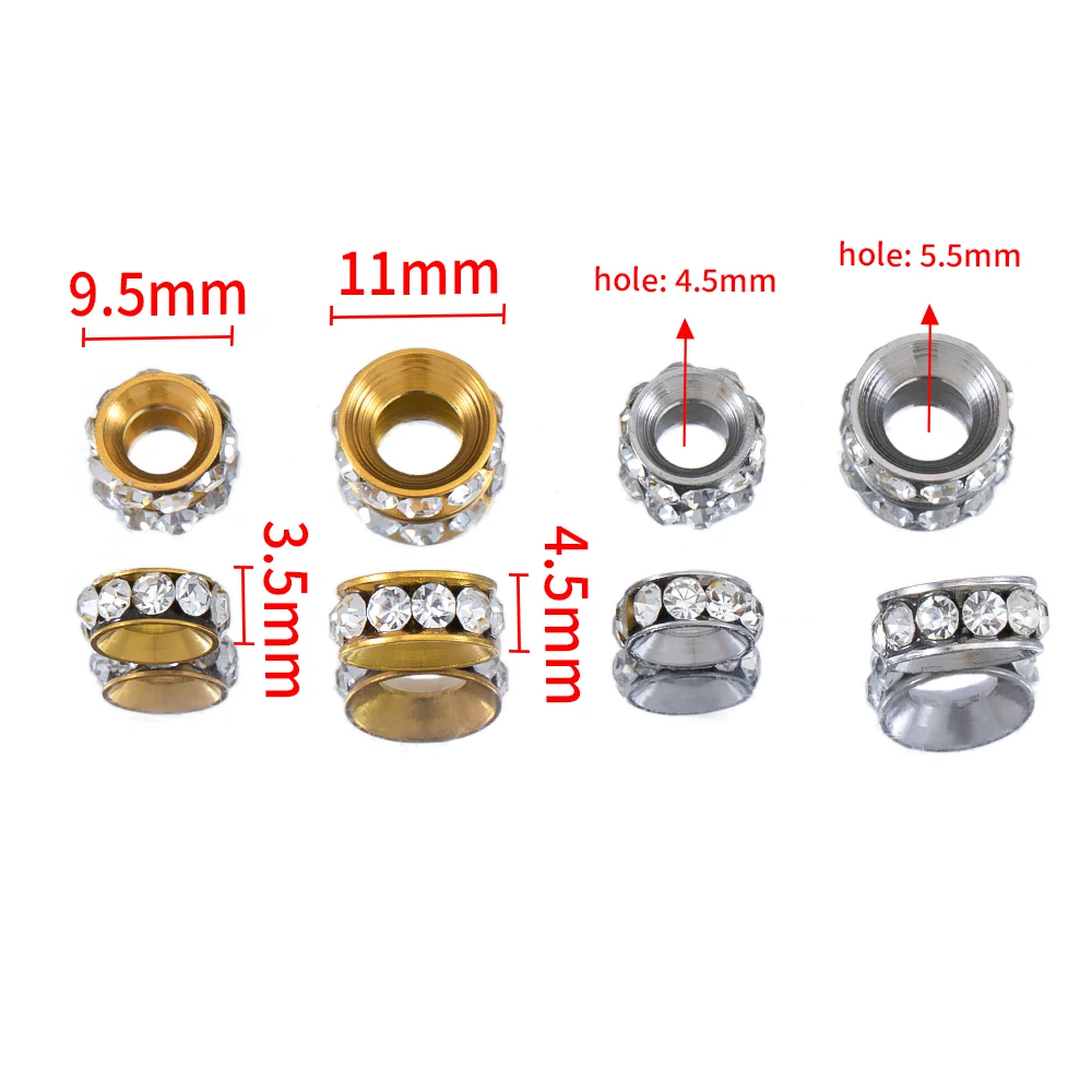 5pcs 9.5/11mm Stainless steel Rhinestone inlaid drill ring beads Charms for Bracelet Necklace Jewelry Making DIY Handmade