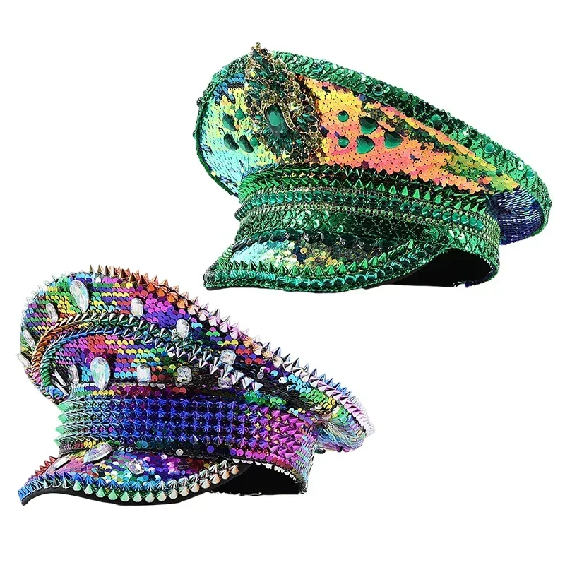 Sombrero Punk con lentejuelas coloridas para fiesta, sombrero de novia para Festival, cumpleaños, boda, música, fiesta, escenario, gorra de capitán para hombres y mujeres