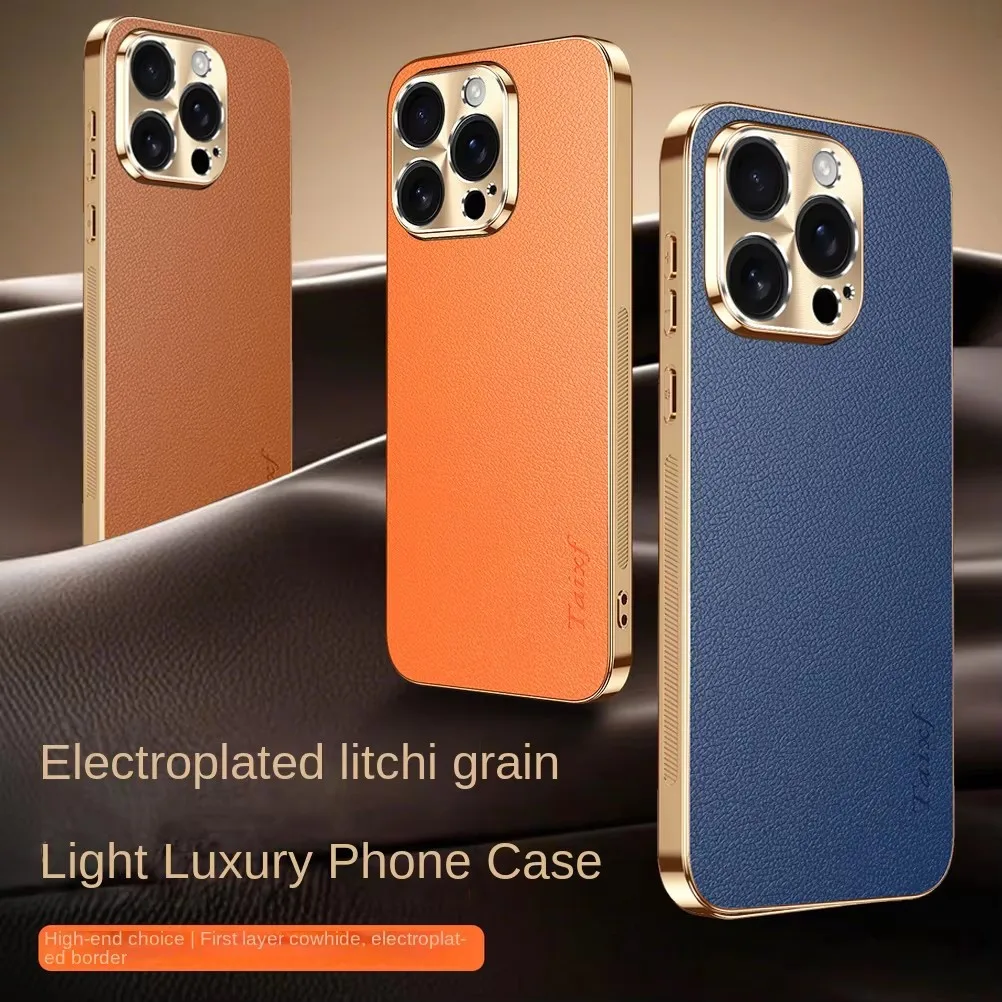 Phone Case For iPhone 16e 16 Pro Max 15 Pro 14 13 Lens Protect Cover First Layer of Cowhide Lychee Texture Electroplated Frame