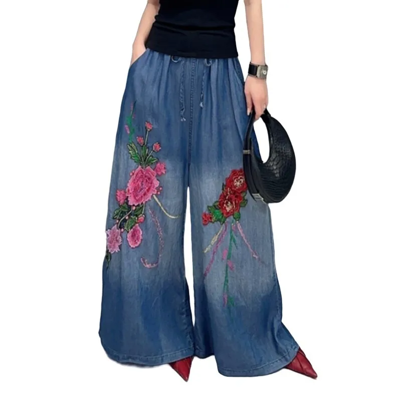 Vefadisa 2024 Summer New Korean Fashion Embroidery Flower Long Soft Denim Wide Leg Jeans Women Single Piece Pants ZXF155B