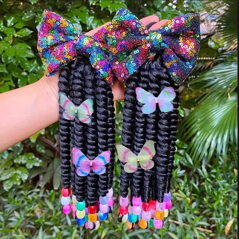 2 แพ็คผมเด็ก Twist หางม้าสังเคราะห์เลเซอร์ Glitter SHINY Bling Little Girls Braided Ponytails กับลูกปัดผีเสื้อ
