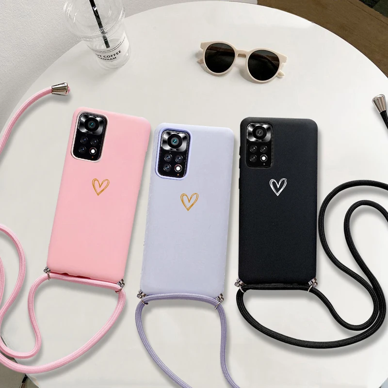 case for Xiaomi Redmi Note 8 9 10 7 Pro 9S 9A 9C 8T 10C 10A 12C Strap Cord Chain Necklace Butterfly Flower Love heart Phone Case