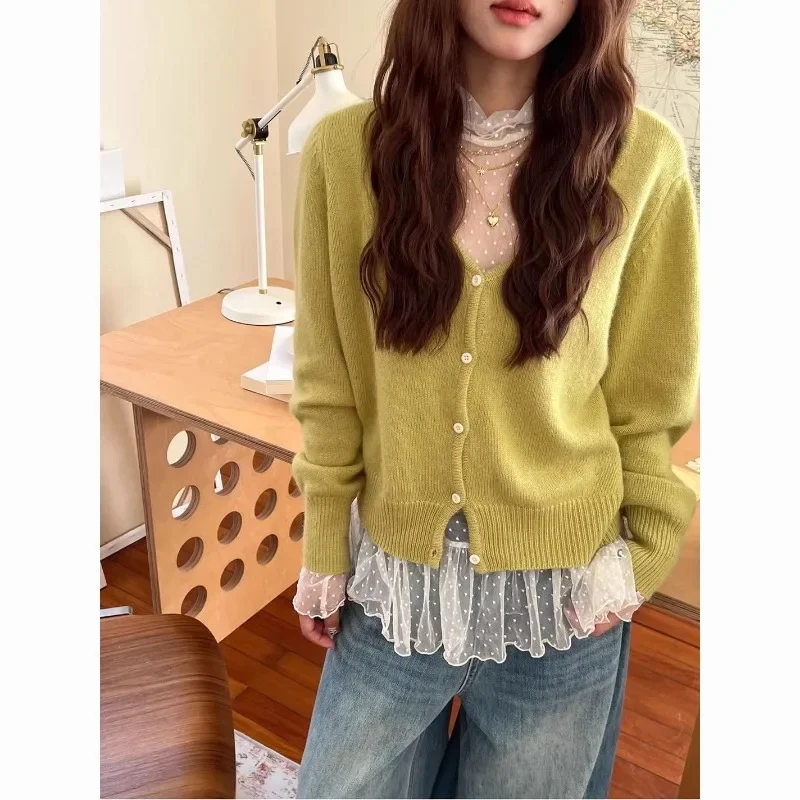 Korean Y2K Sheer Mesh Blouse Women Flocking Polka Dot Long Sleeve Ruffle Hem See Through Layering Street Daily Casual Tops