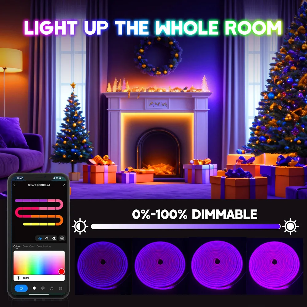USB Tuya Wifi RGBIC Neon LED Strip Light Addressable Neon Rope Waterproof Dimmable TV Backlight Room Night Light Decor for Alexa