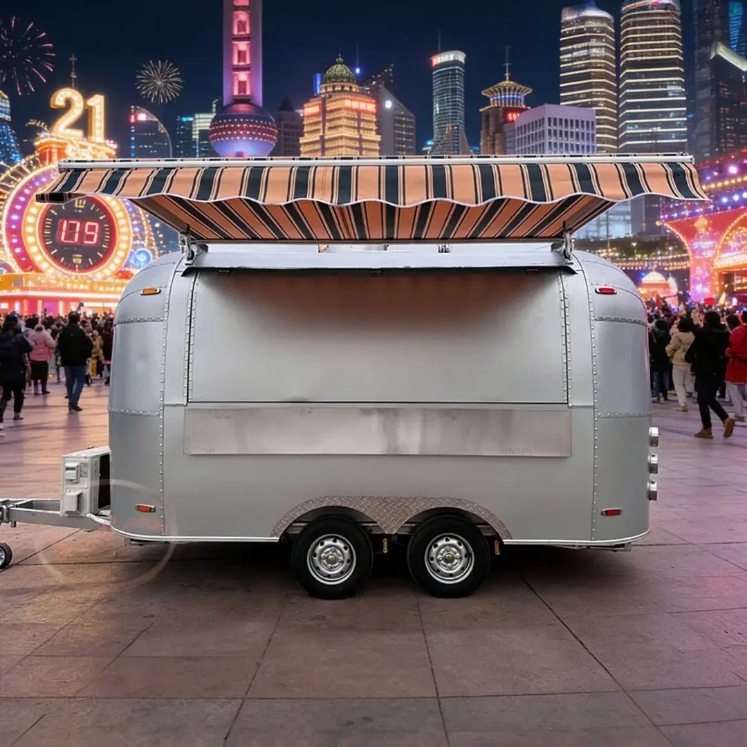 Stainless Steel Mobile Catering Trailer Food Vending Cart with Kitchen Equipment Retractable Awning for Business Use