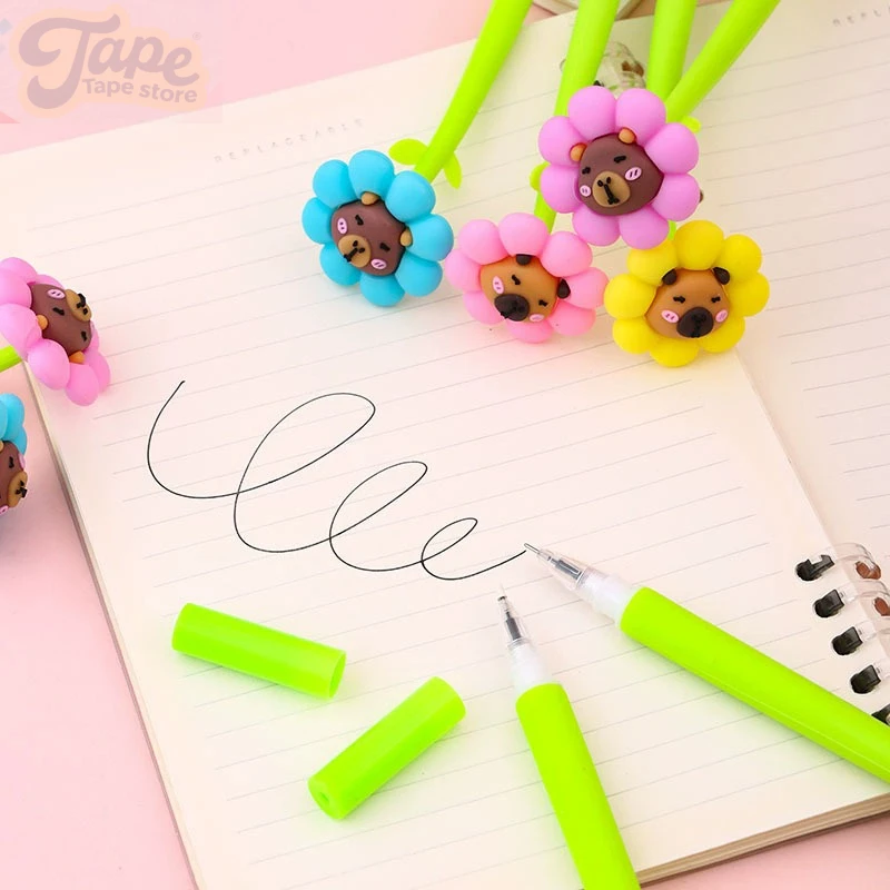 أقلام كاواي كابيبارا! أقلام جل لطيفة قابلة للمسح على شكل عباد الشمس، لوازم مدرسية ممتعة للمكتب والمدرسة، هدية قرطاسية يومية