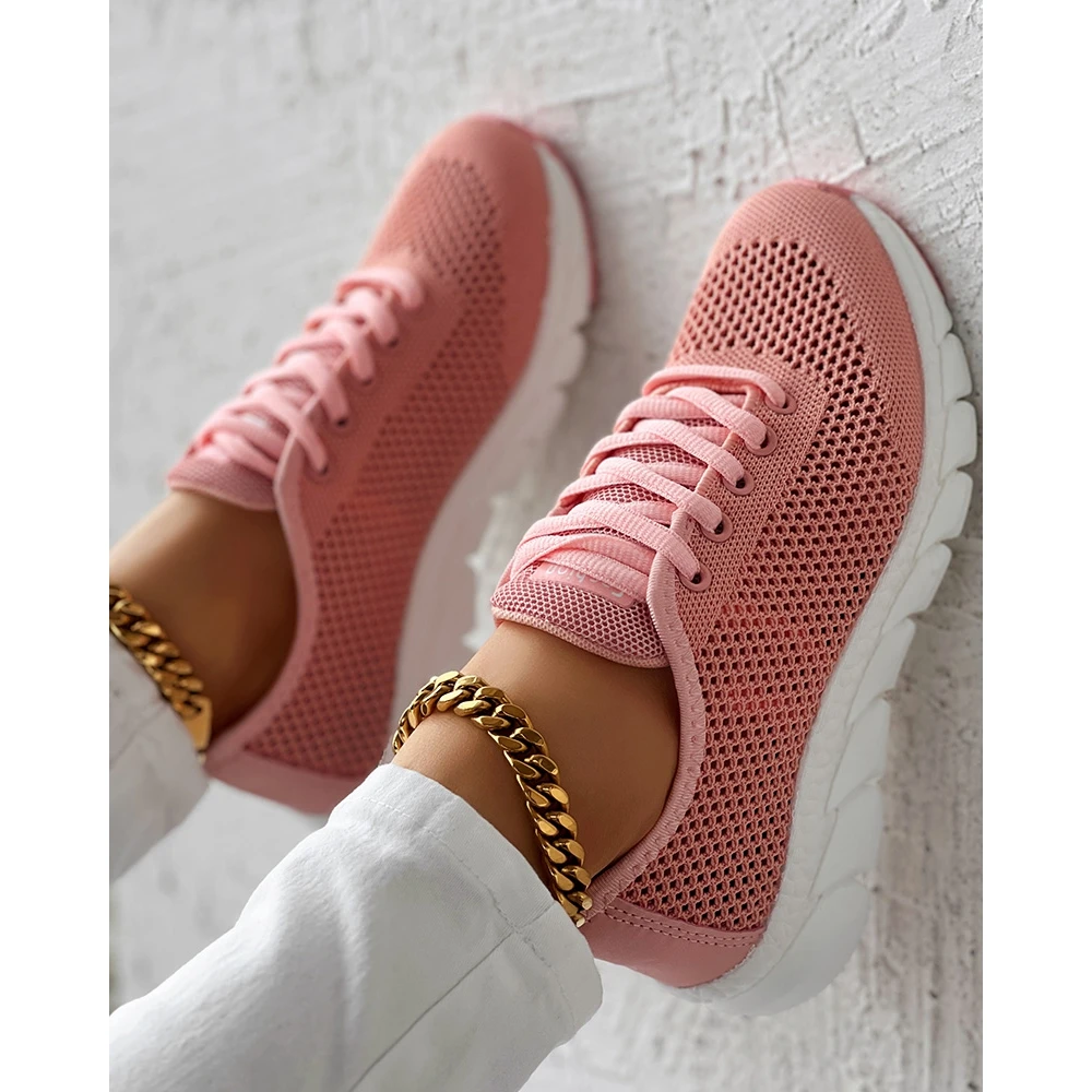 Women Hollow Out Breathable Mesh Lace-up Sneakers Casual Round Toe Flats Pink Sports Shoes Spring Daily Fashion Going Out Shoes