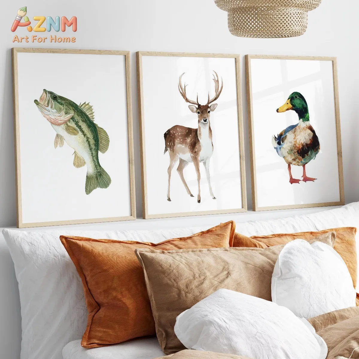 AZNM Watercolor Hunting and Fishing Art Poster Canvas Print Mallard Duck Fish and Deer Print Outdoor Theme Nursery Wall Decor