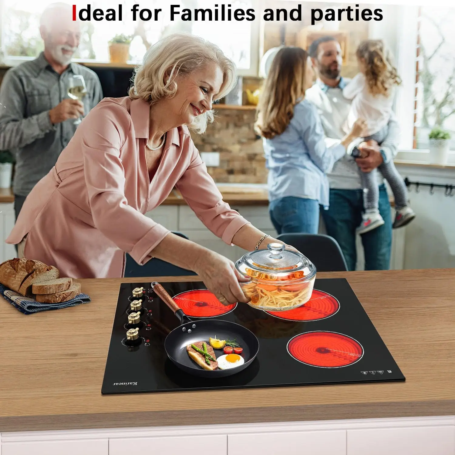 Karinear Placa vitrocerámica eléctrica  60CM, 4 zonas, encastrable con mandos de control, 6000W 220~240V Cableado (Sin Enchufe)