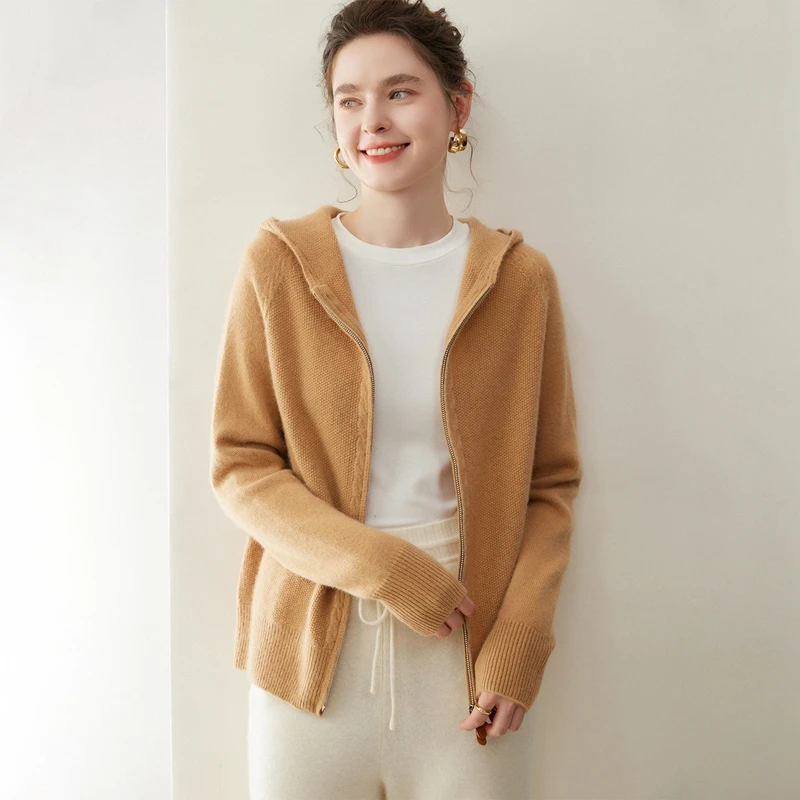 

Choice New Chic Women 100% Cashmere Zipper Cardigan Autumn Winter Hoodie Cashmere Sweater Thick Warm Knitwear Feshion Tops