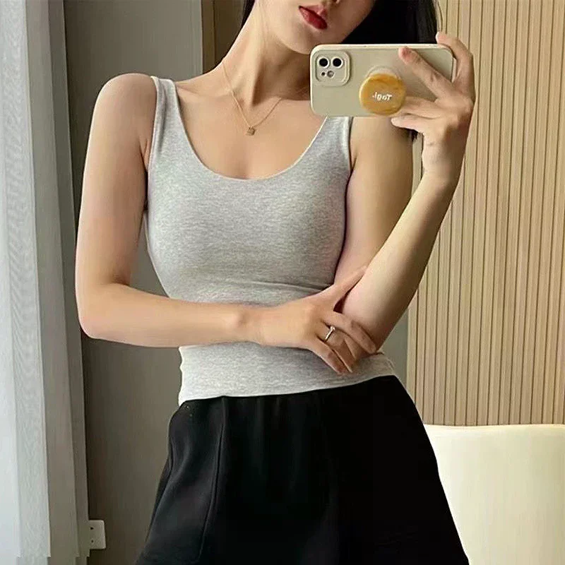 

Women's Large Round-Neck Pure Cotton Camisole Tank Top Slim-Fit Beautiful Back Bandeau Style With Chest Pad