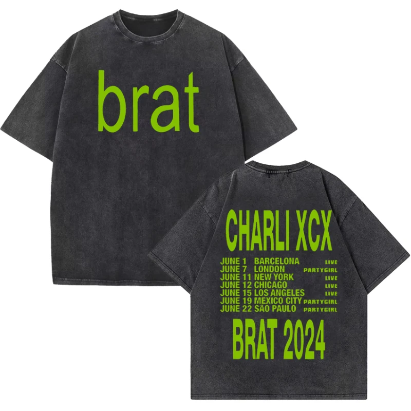 تي شيرت Charli Xcx Brat Tour مطبوع عليه حروف تي شيرت نسائي هيب هوب عالي الجودة تي شيرت أنيق مغسول للجنسين ملابس الشارع