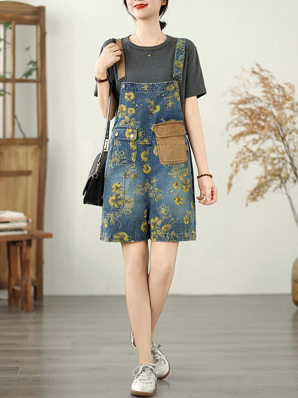 

Anti-Aging Floral Print plus Size Patchwork Color Denim Overalls Women's Summer Faion Loose Slimming Versatile orts
