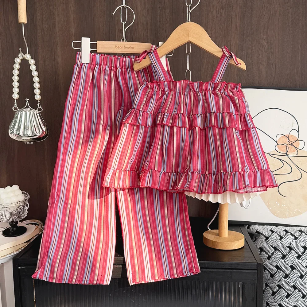 

Fashion New Easter Girls Clothing Rose Red Striped Strap+Pants Children's Set Summer Sleeveless Color Contrasting Kids Clothes