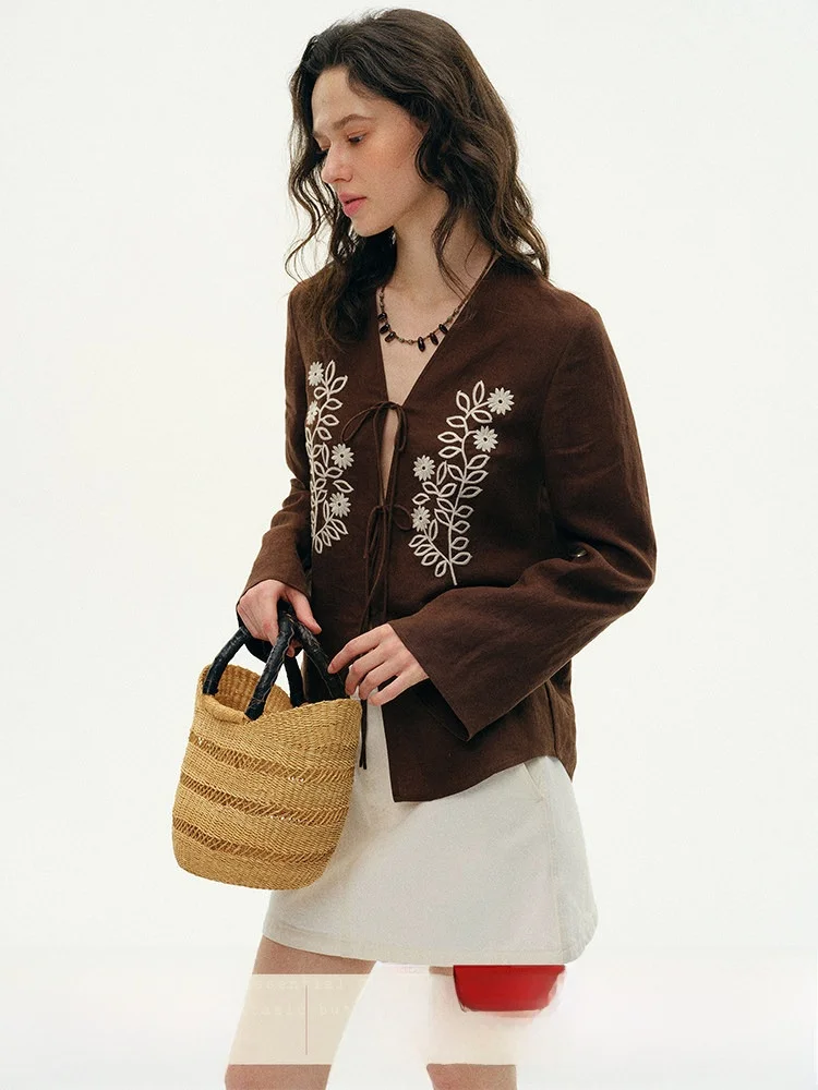 

Who Peach 00 Han Hanlin Embroidered irt Belt Long Sve Brown Top Flared Sve V Ne Open Cardigan Women Autumn New