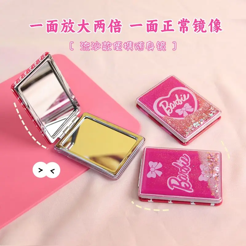 Barbie Shiny Quicksand Makeup Mirror Portable Magnifying Hand Square Makeup Standing Vanity Foldable Pocket Mirror Cute Compact