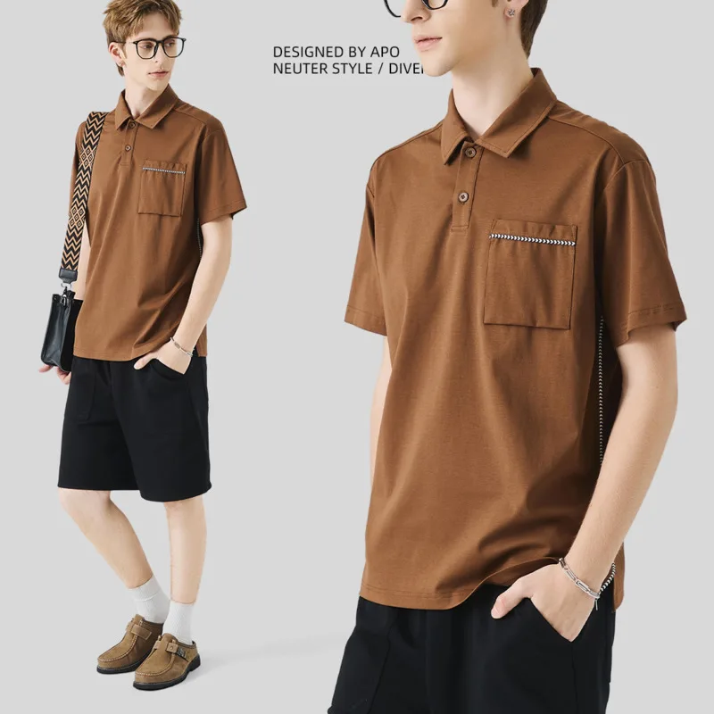 تي شيرت رجالي صيفي أنيق متعدد الاستخدامات بياقة فضفاضة وياقة فضفاضة وخفيف الوزن كاجوال الربط بأكمام قصيرة تي شيرت علوي #4