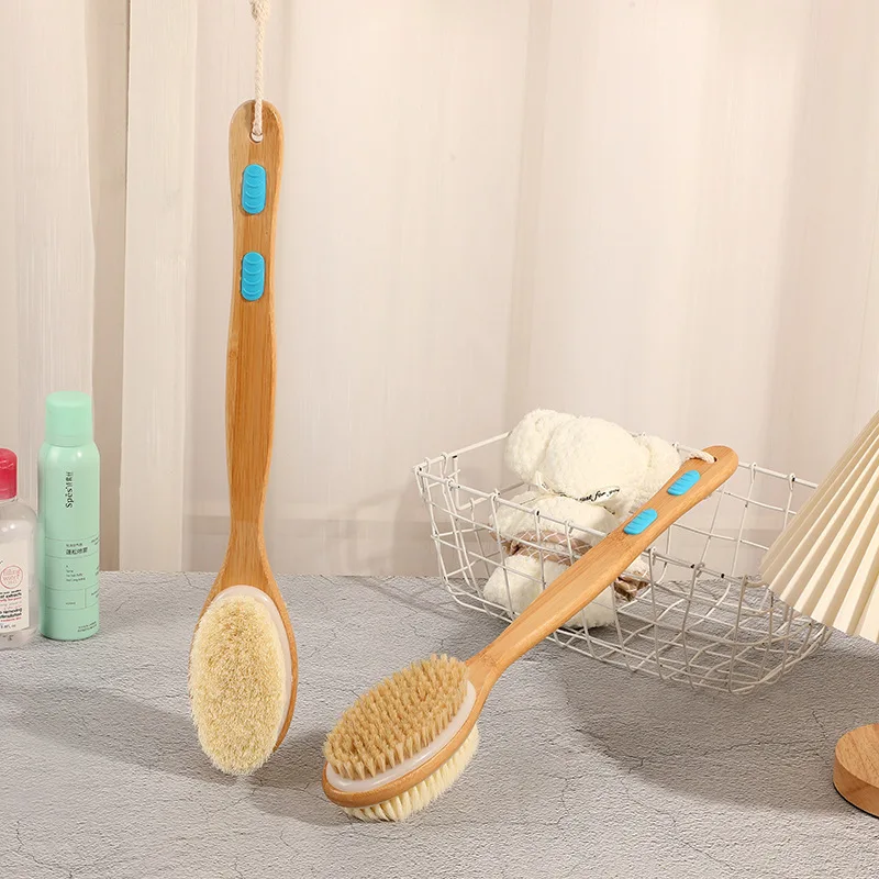 Natural Long Handle Bristle Brush Soft Wet Dry Skin Body SPA Massager Brush Bath Shower Brushes Exfoliating Bathing Brush Tool