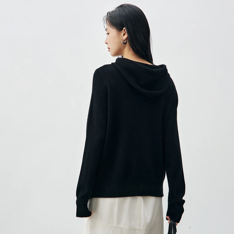 Autumn women's Merino wool hooded cardigan zipper solid color knitted long sleeved sweater high-quality soft casual clothing top