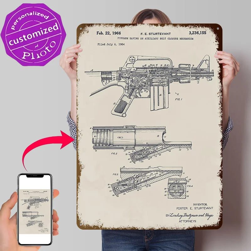 Colt Automatic Rifle Patent Illustration Poster Retro 3D Printed Metal Signs Customized Wall Hanging Gift for Coffee Bar Art