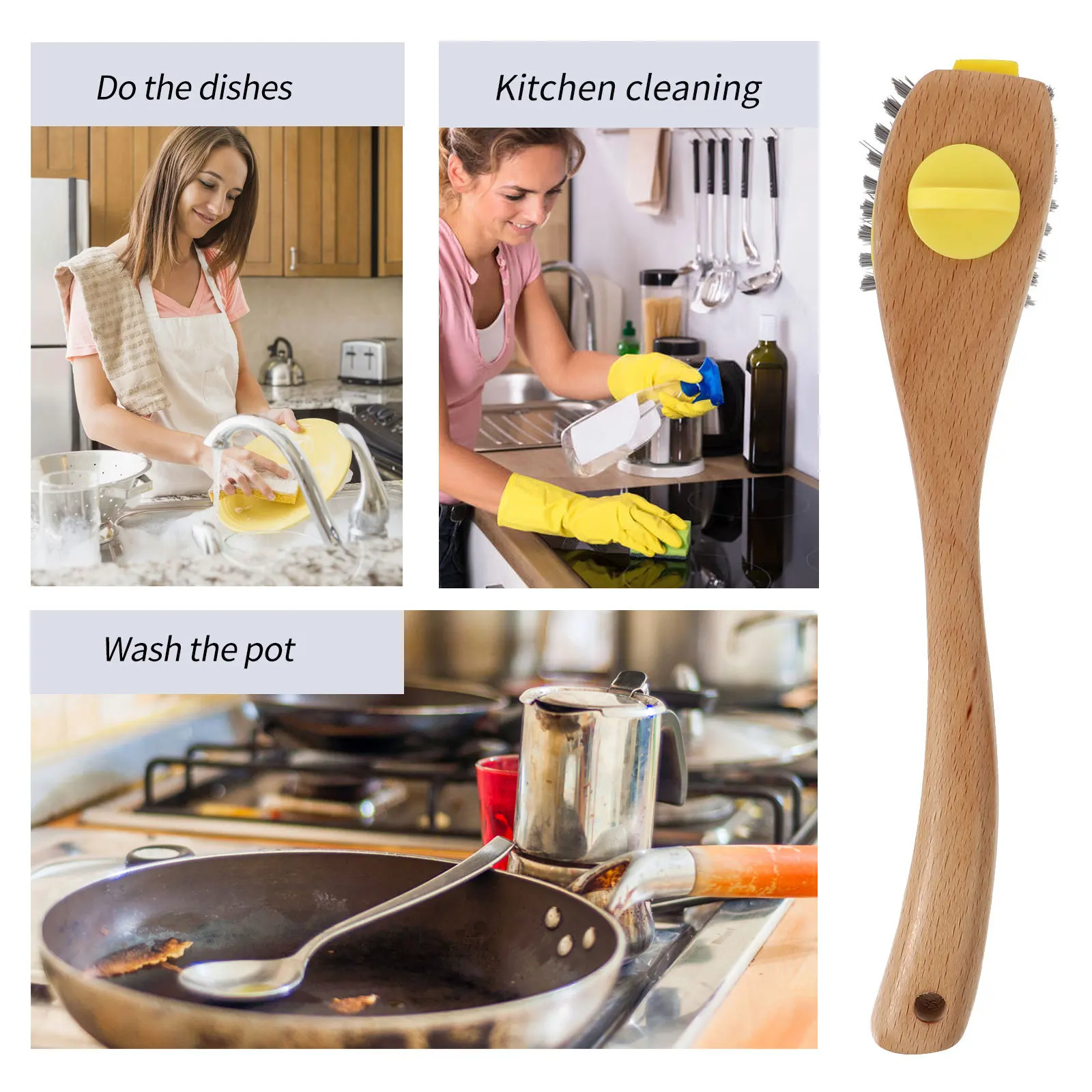 

1 шт., щетка для чистки дерева, длинная ручка, кухонная щетка для мытья посуды, прочный практичный очиститель кухонной утвари