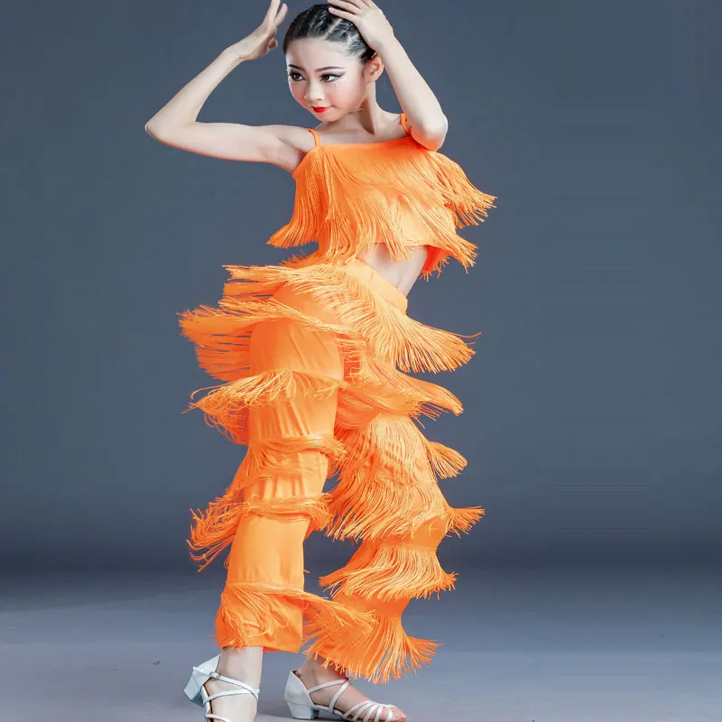 Practice Latin Costume for Girl Fringe Latin Dance Competition Clothes Girls National Standard Dance Orange Tassel Pants Suit