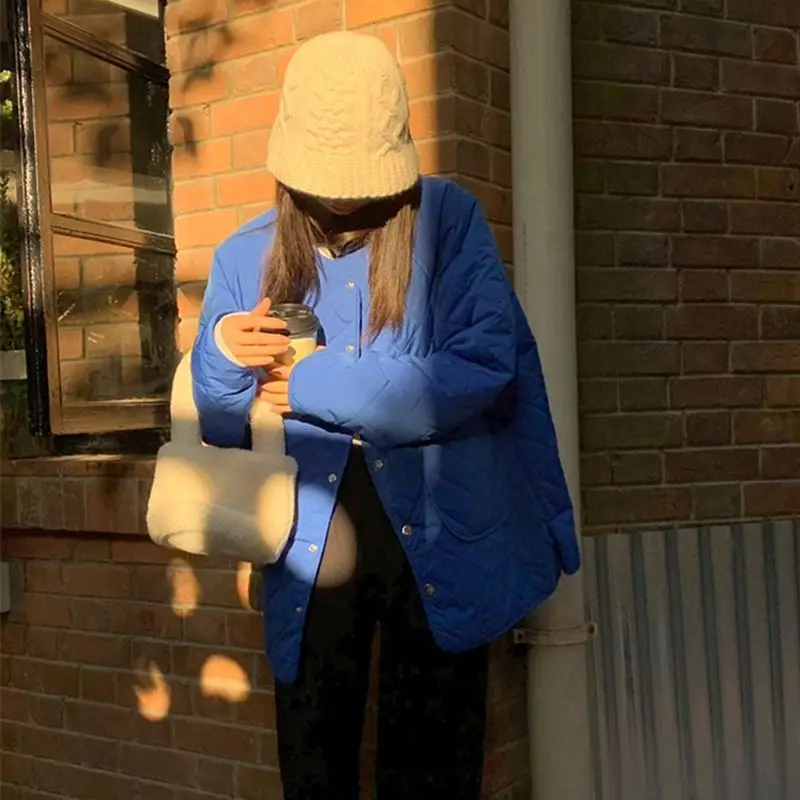 Klein Blue Diamond Pattern Thiened Cotton Jaet Winter New Lazy Bf Sle Warm Women's Mid-Length Cotton Coat Outerwear