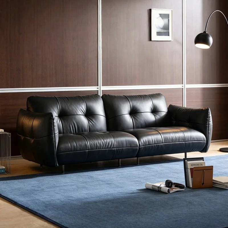 French horizontal hall retro leather sofa, living room three people medieval black leather light luxury