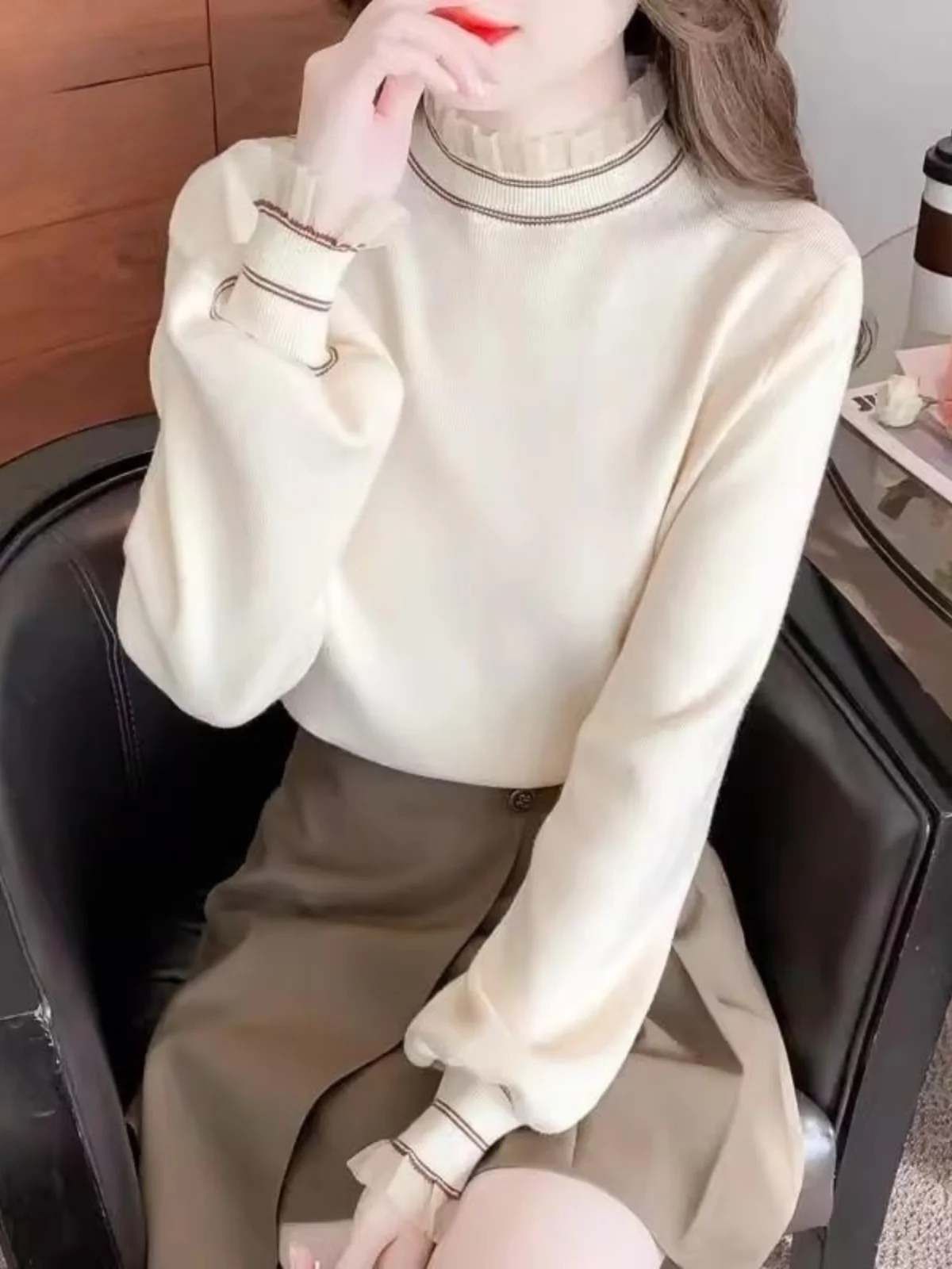 

Women's Slim Fit Knitted Sweater f High Collar Fce Lined Thi Long Sve Sweet Sle Regular Length Overhead Top