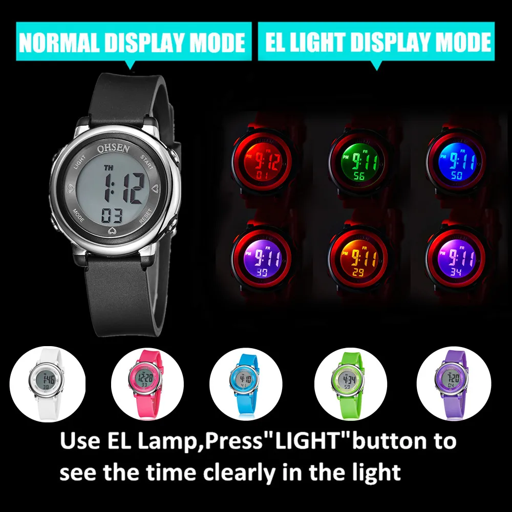 OHSEN Women Watches Digital LCD Watch Black Silicone Strap Kids Children Waterproof Wristwatch Sport Electronic relogio feminino