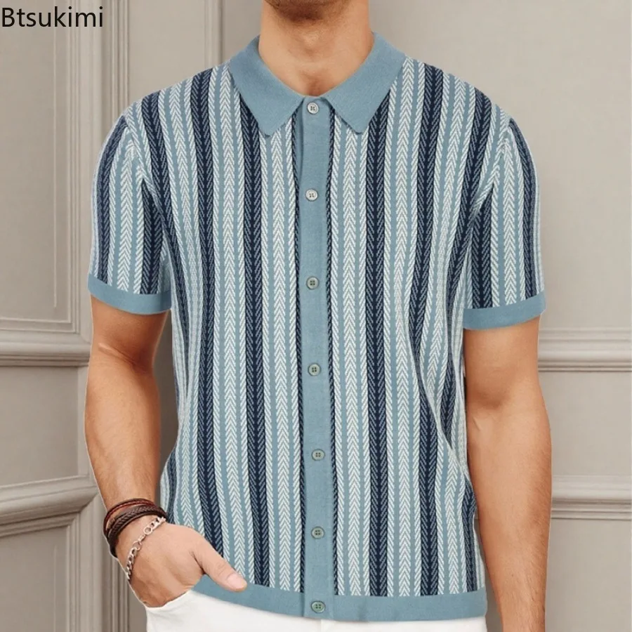 

Summer New Men's Knitted Jacquard Business Polo Shirts Fashion Short Sleeve Button-up Cardigan Men Vintage Leisure Knitwear Tops